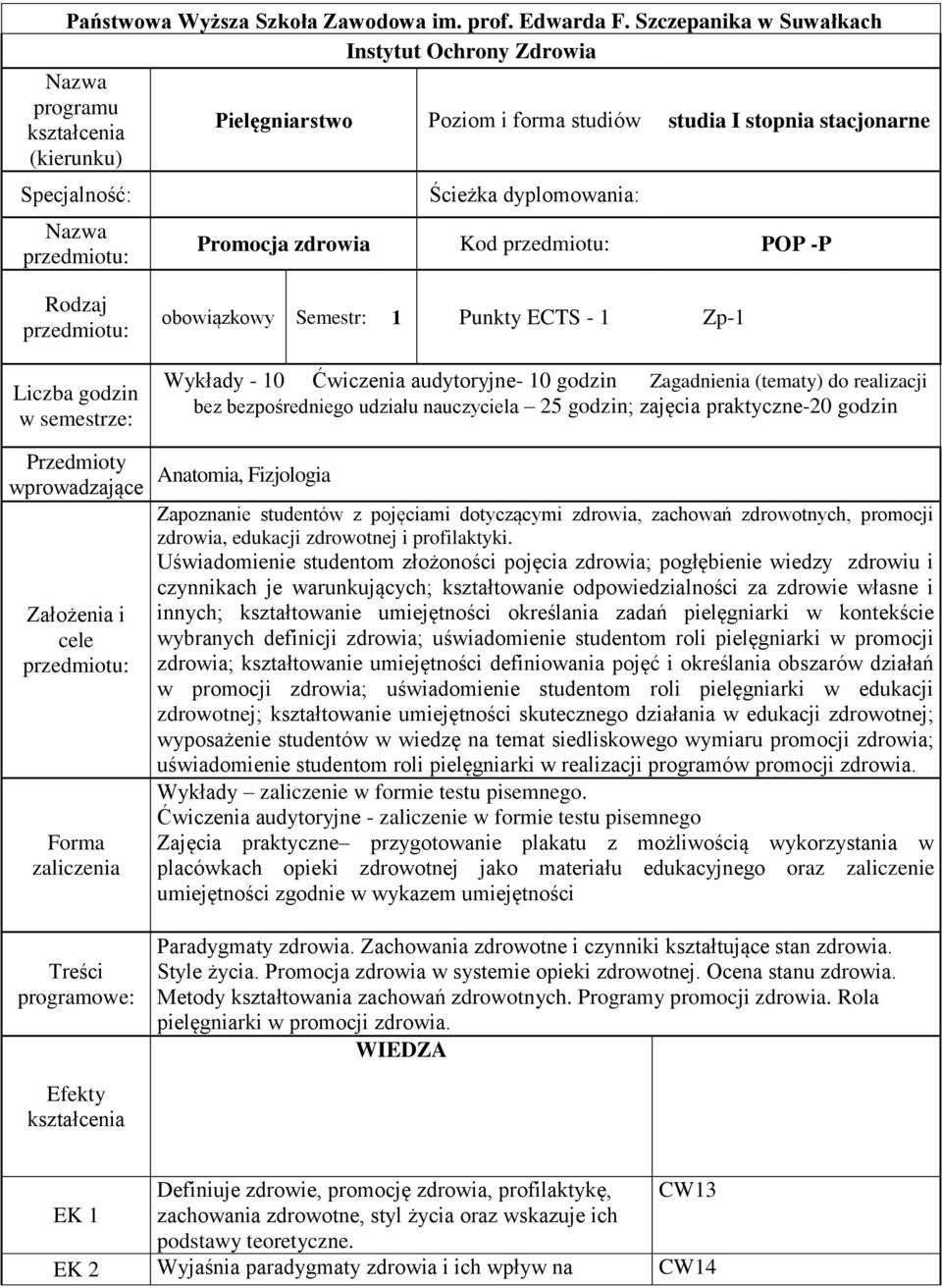 dyplomowania: Promocja zdrowia Kod przedmiotu: POP -P Rodzaj przedmiotu: Liczba godzin w semestrze: obowiązkowy Semestr: 1 Punkty ECTS - 1 Zp-1 Wykłady - 10 Ćwiczenia audytoryjne- 10 godzin