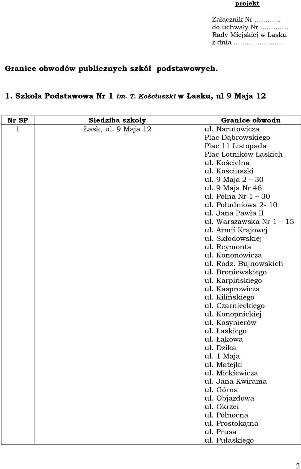 Jana Pawła II ul. Warszawska Nr 1 15 ul. Armii Krajowej ul. Skłodowskiej ul. Reymonta ul. Kononowicza ul. Rodz. Bujnowskich ul. Broniewskiego ul. Karpińskiego ul. Kasprowicza ul. Kilińskiego ul.