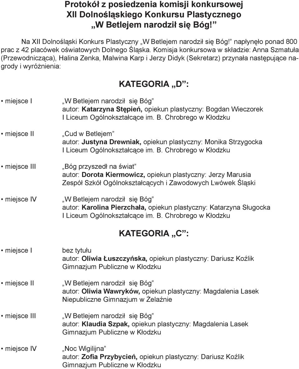 Komisja konkursowa w składzie: Anna Szmatuła (Przewodnicząca), Halina Zenka, Malwina Karp i Jerzy Didyk (Sekretarz) przynała następujące nagrody i wyróżnienia: KATEGORIA D : I II V autor: Katarzyna