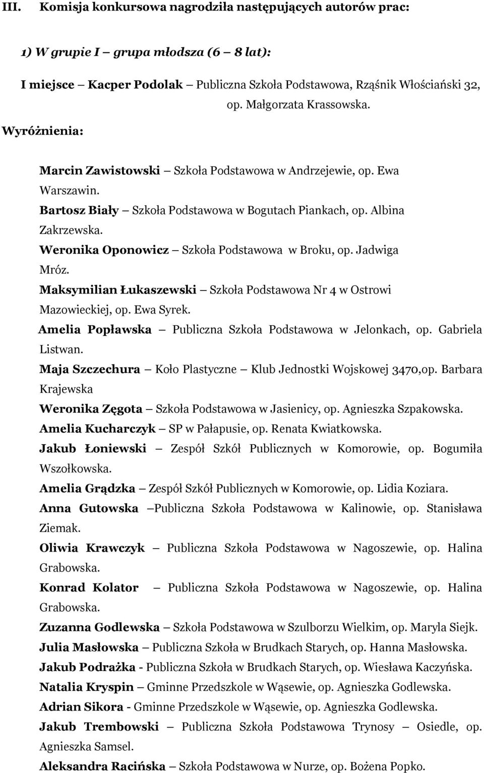 Weronika Oponowicz Szkoła Podstawowa w Broku, op. Jadwiga Mróz. Maksymilian Łukaszewski Szkoła Podstawowa Nr 4 w Ostrowi Mazowieckiej, op. Ewa Syrek.