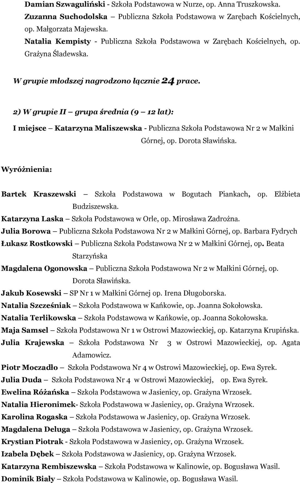 2) W grupie II grupa średnia (9 12 lat): I miejsce Katarzyna Maliszewska - Publiczna Szkoła Podstawowa Nr 2 w Małkini Górnej, op. Dorota Sławińska.