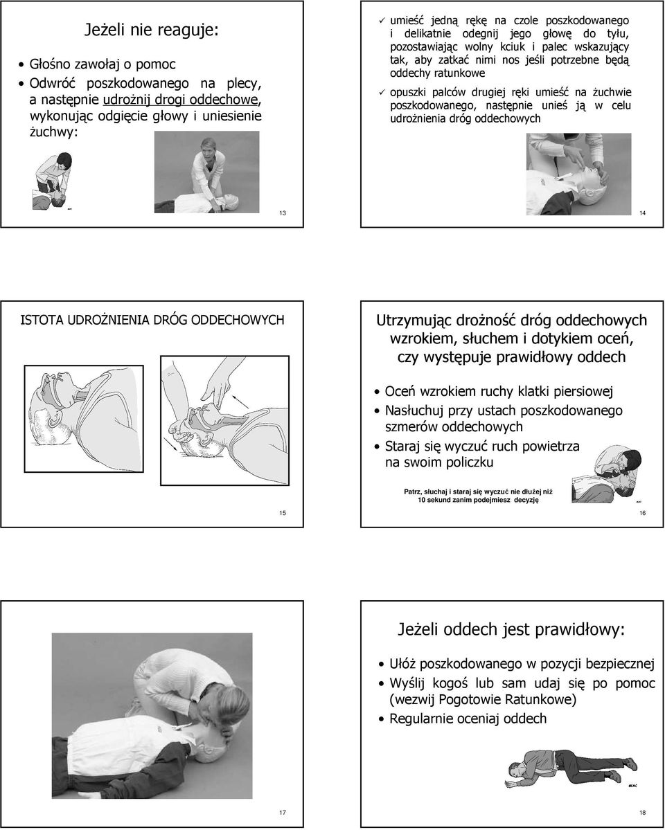 na żuchwie poszkodowanego, następnie unieś ją w celu udrożnienia dróg oddechowych 13 14 ISTOTA UDROŻNIENIA DRÓG ODDECHOWYCH Utrzymując drożność dróg oddechowych wzrokiem, słuchem i dotykiem oceń, czy