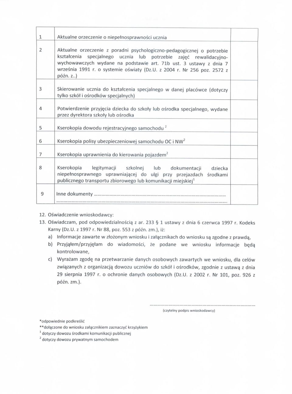 dnia 7 wrzesnia 1991 r. o systemie oswiaty (Dz.U. z 2004 r. Nr 256 poz. 2572 z pozn. z..) 3 Skierowanie ucznia do ksztatcenia specjalnego w danej placowce (dotyczy tylko szkot i osrodkow specjalnych) 4 Potwierdzenie przyje.