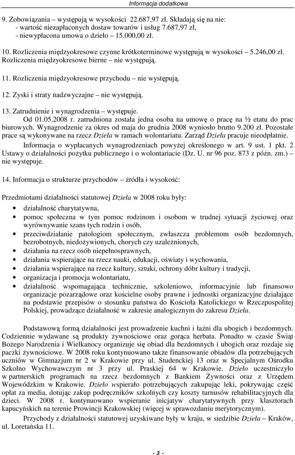 Zyski i straty nadzwyczajne nie występują. 13. Zatrudnienie i wynagrodzenia występuje. Od 01.05.2008 r. zatrudniona została jedna osoba na umowę o pracę na ½ etatu do prac biurowych.