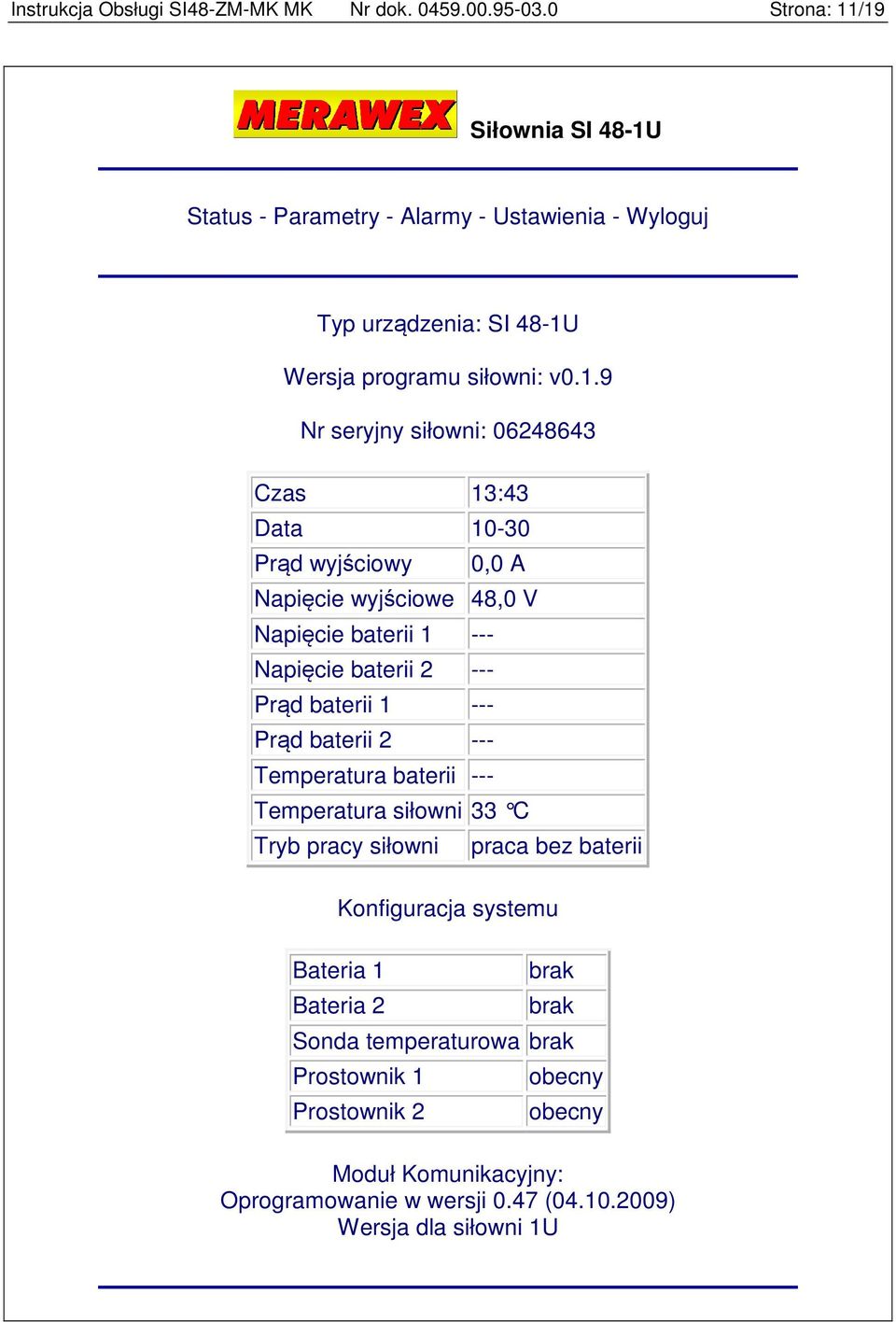 /19 Siłownia SI 48-1U Status - Parametry - Alarmy - Ustawienia - Wyloguj Typ urządzenia: SI 48-1U Wersja programu siłowni: v0.1.9 Nr seryjny siłowni: 06248643 Czas