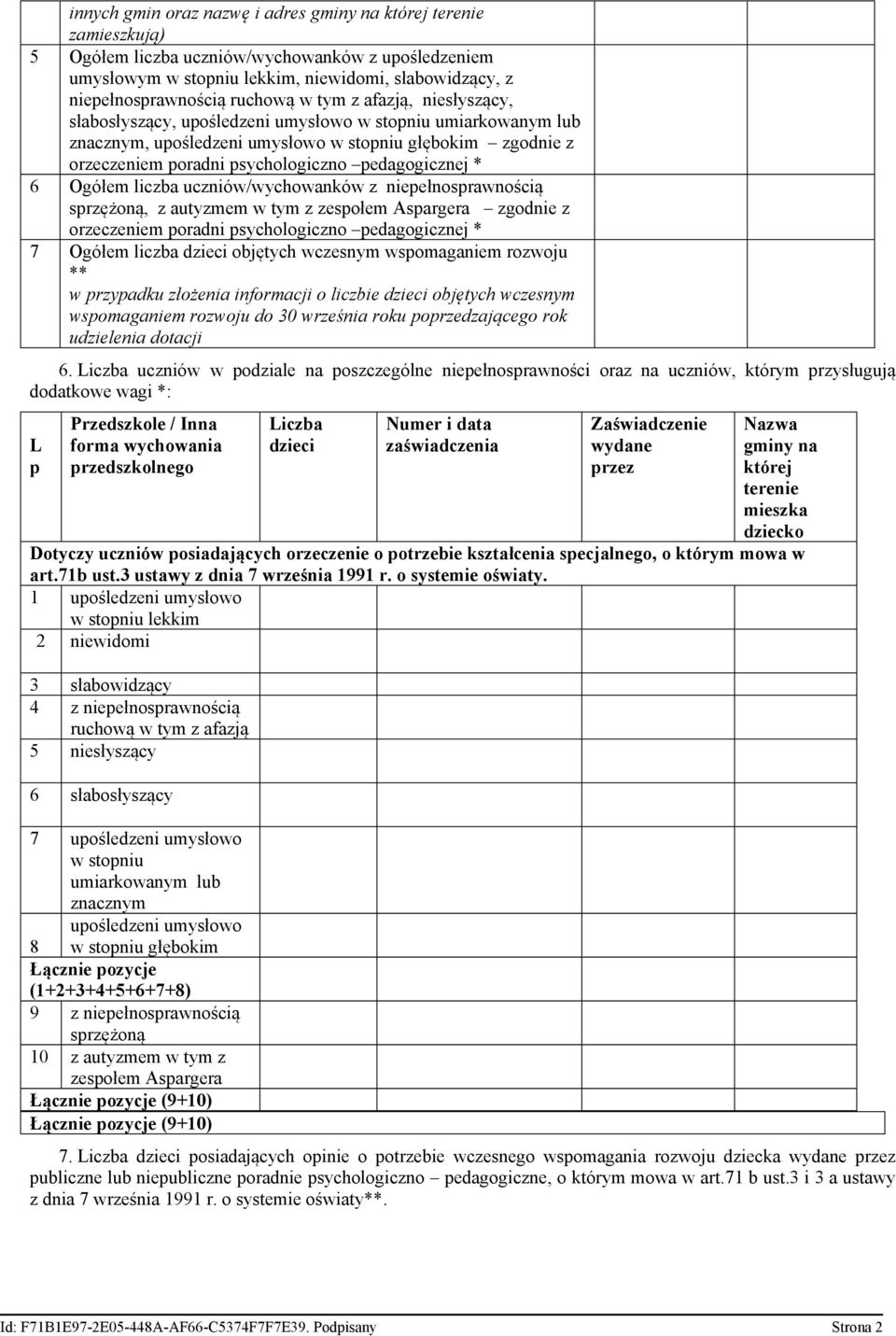 pedagogicznej * 6 Ogółem liczba uczniów/wychowanków z niepełnosprawnością sprzężoną, z autyzmem w tym z zespołem Aspargera zgodnie z orzeczeniem poradni psychologiczno pedagogicznej * 7 Ogółem liczba