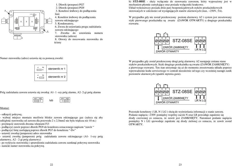 Otwory do mocowania sterownika do ściany b) STZ-08SE - słuŝy wyłącznie do sterowania zaworem, który wyposaŝony jest w mechanizm płynnie zamykający oraz posiada wyłączniki krańcowe.