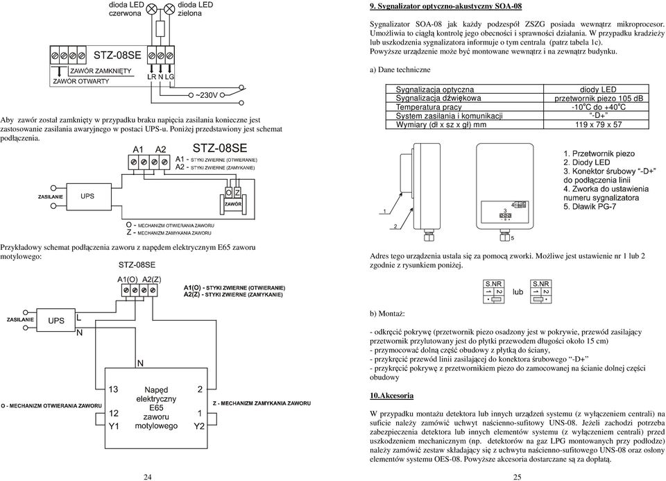 a) Dane techniczne Aby zawór został zamknięty w przypadku braku napięcia zasilania konieczne jest zastosowanie zasilania awaryjnego w postaci UPS-u. PoniŜej przedstawiony jest schemat podłączenia.