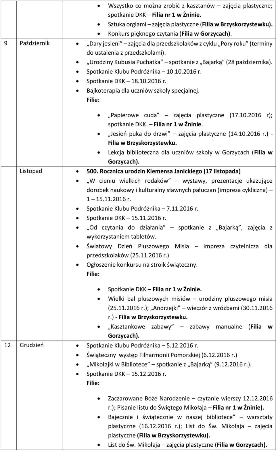 Spotkanie Klubu Podróżnika 10.10.2016 r. Spotkanie DKK 18.10.2016 r. Bajkoterapia dla uczniów szkoły specjalnej. Papierowe cuda zajęcia plastyczne (17.10.2016 r); spotkanie DKK. Filia nr 1 w Żninie.