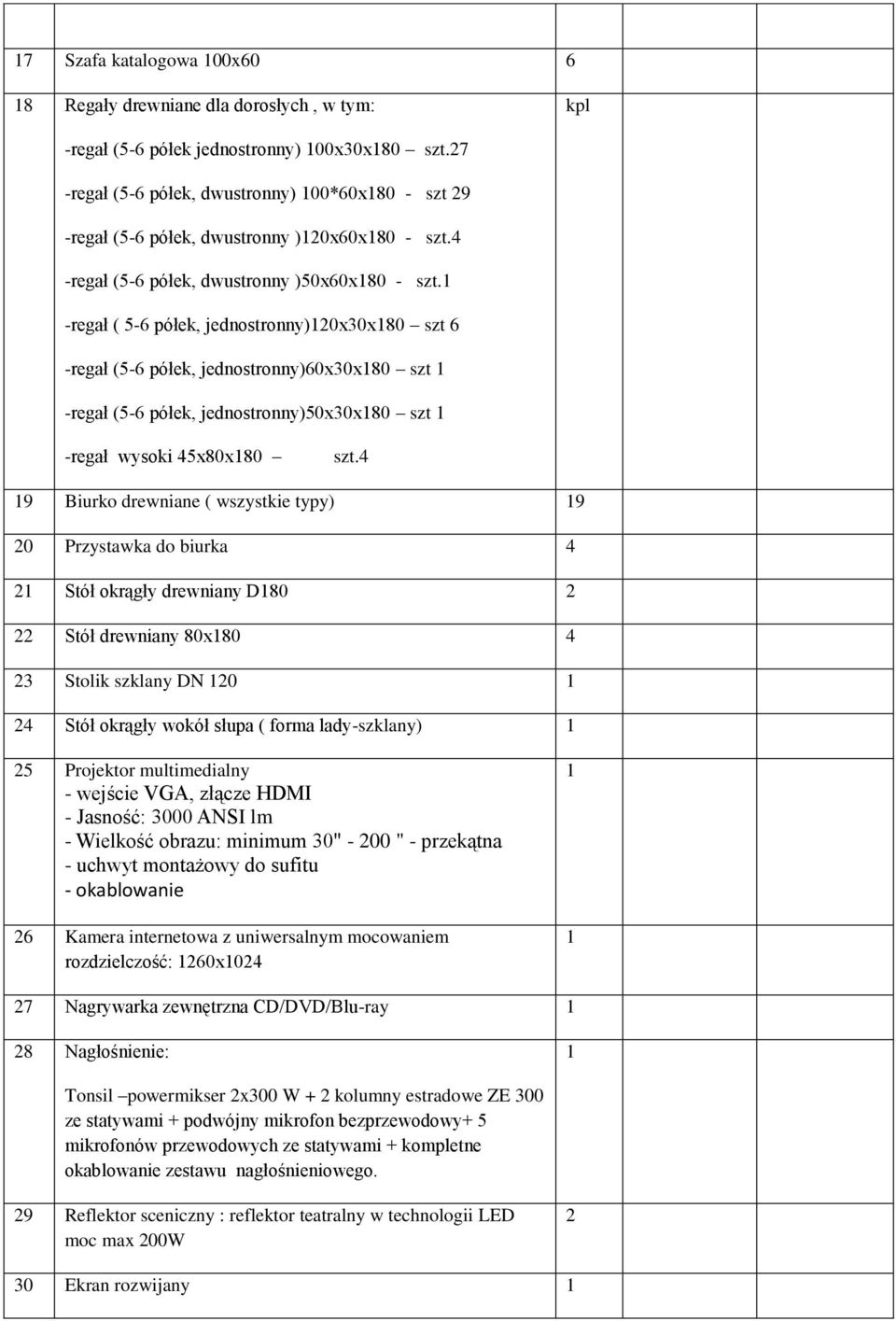 -regał ( 5-6 półek, jednostronny)20x30x80 szt 6 -regał (5-6 półek, jednostronny)60x30x80 szt -regał (5-6 półek, jednostronny)50x30x80 szt -regał wysoki 45x80x80 szt.