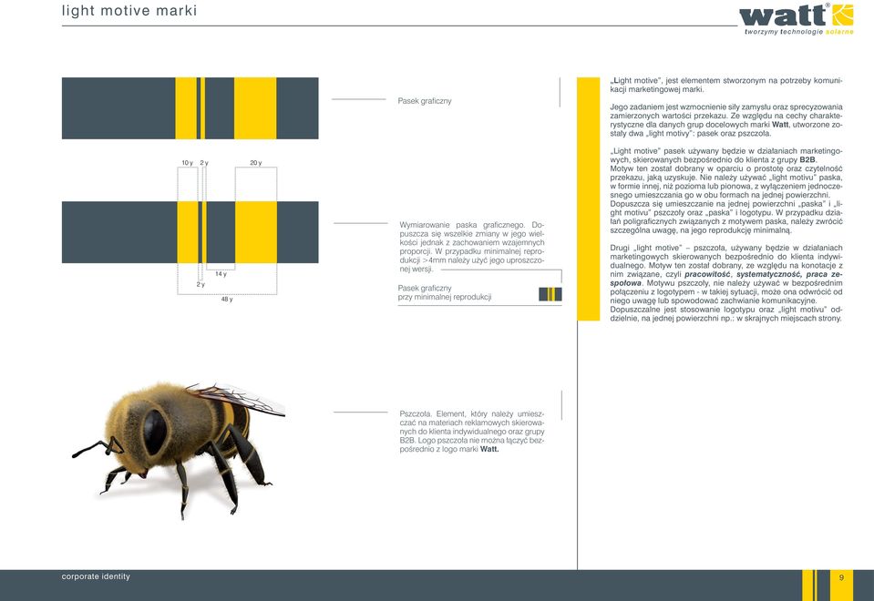 Ze względu na cechy charakterystyczne dla danych grup docelowych marki Watt, utworzone zostały dwa light motivy : pasek oraz pszczoła. 10 y 2 y 2 y 14 y 48 y 20 y Wymiarowanie paska graficznego.