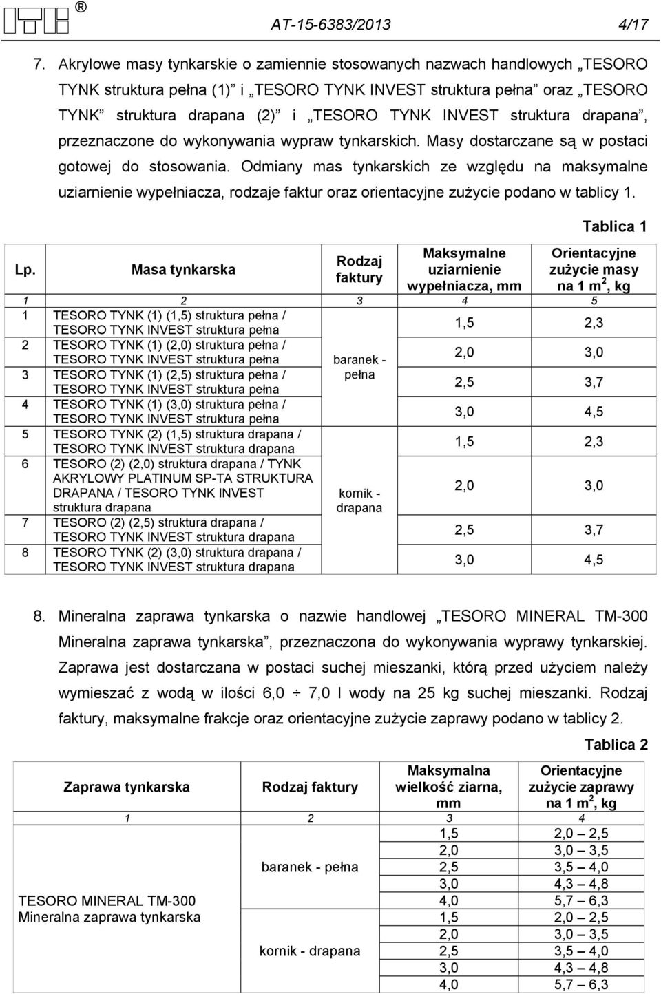 struktura drapana, przeznaczone do wykonywania wypraw tynkarskich. Masy dostarczane są w postaci gotowej do stosowania.