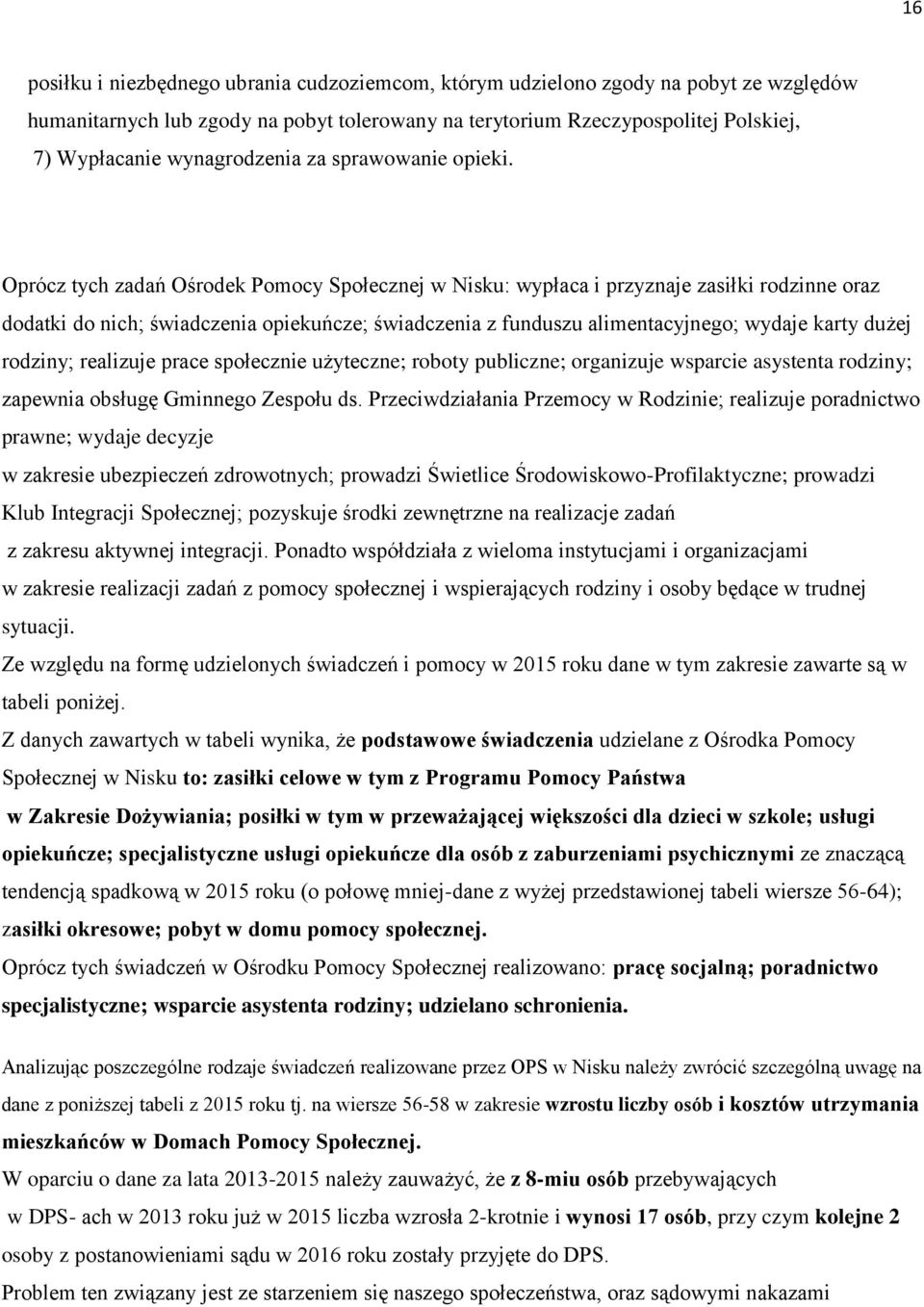 Oprócz tych zadań Ośrodek Pomocy Społecznej w Nisku: wypłaca i przyznaje zasiłki rodzinne oraz dodatki do nich; świadczenia opiekuńcze; świadczenia z funduszu alimentacyjnego; wydaje karty dużej