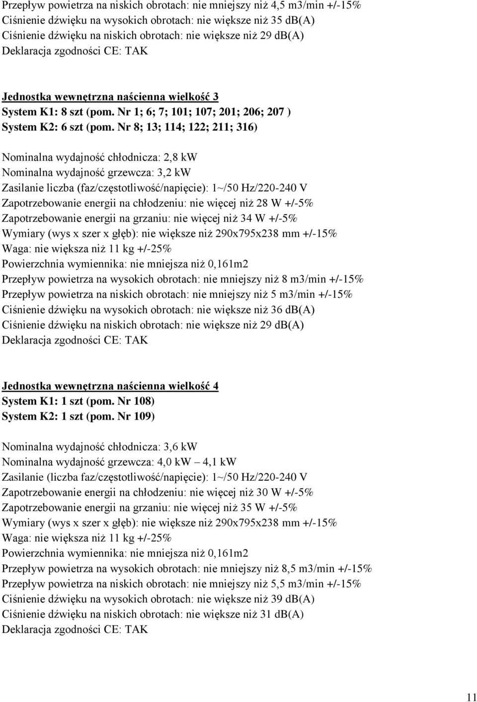 Nr 8; 13; 114; 122; 211; 316) Nominalna wydajność chłodnicza: 2,8 kw Nominalna wydajność grzewcza: 3,2 kw Zasilanie liczba (faz/częstotliwość/napięcie): 1~/50 Hz/220-240 V Zapotrzebowanie energii na