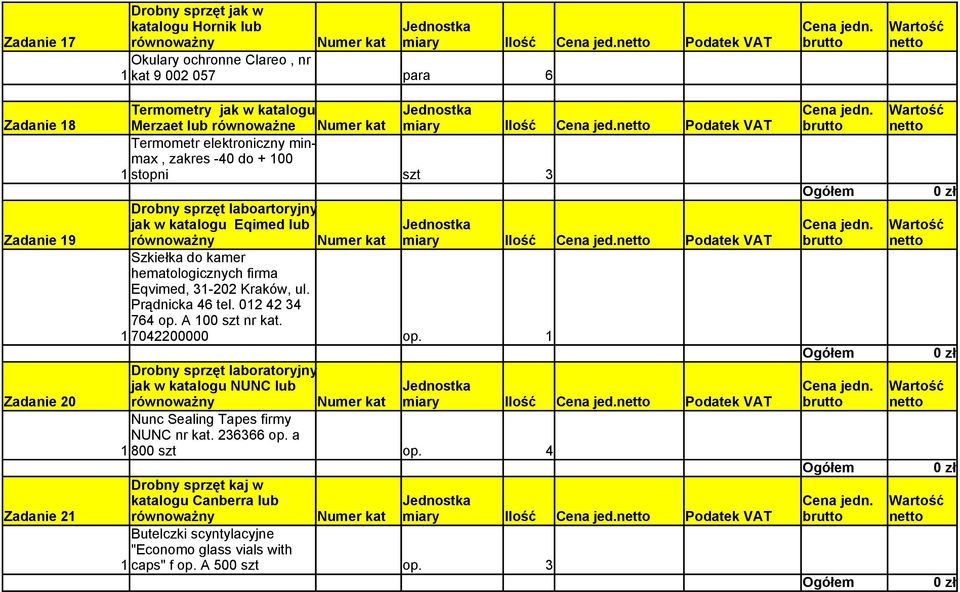 Podatek VAT Termometr elektroniczny minmax, zakres -40 do + 100 1 stopni szt 3 Drobny sprzęt laboartoryjny jak w katalogu Eqimed lub Zadanie 19 równoważny Numer kat miary Ilość Cena jed.