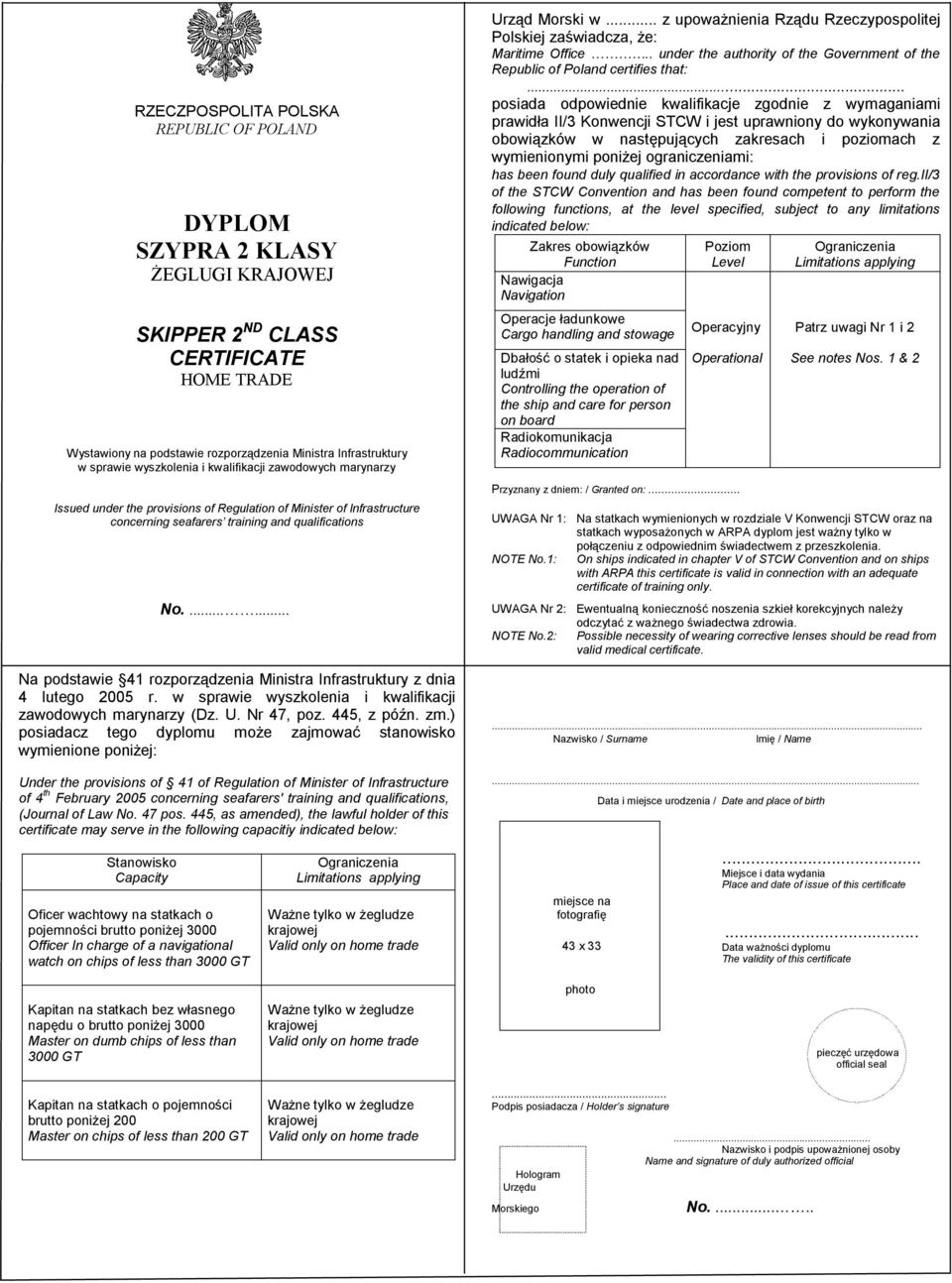 ...... Na podstawie 41 rozporządzenia Ministra Infrastruktury z dnia 4 lutego 2005 r. w sprawie wyszkolenia i kwalifikacji zawodowych marynarzy (Dz. U. Nr 47, poz. 445, z późn. zm.