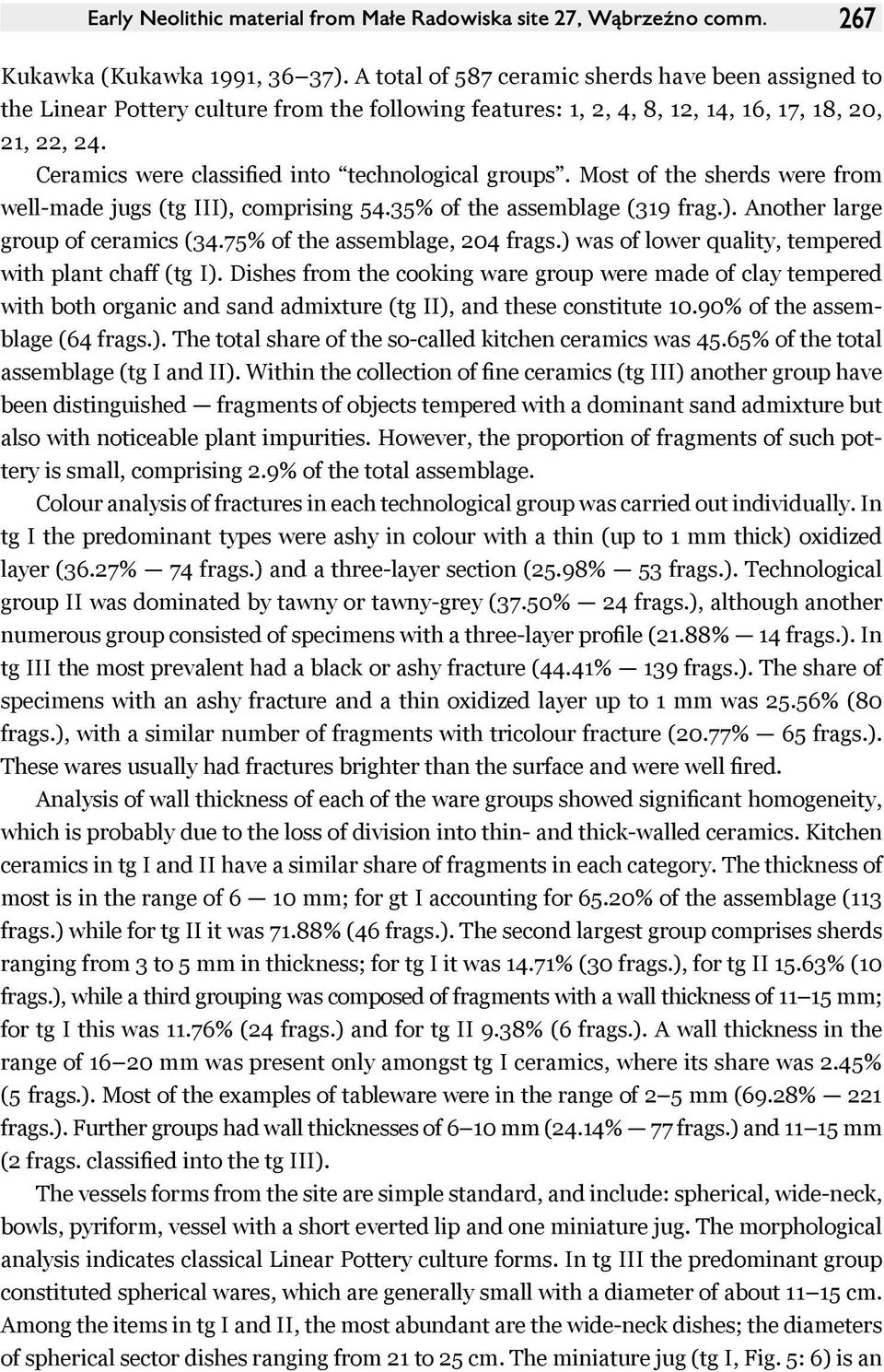 Ceramics were classified into technological groups. Most of the sherds were from well-made jugs (tg III), comprising 54.35% of the assemblage (319 frag.). Another large group of ceramics (34.