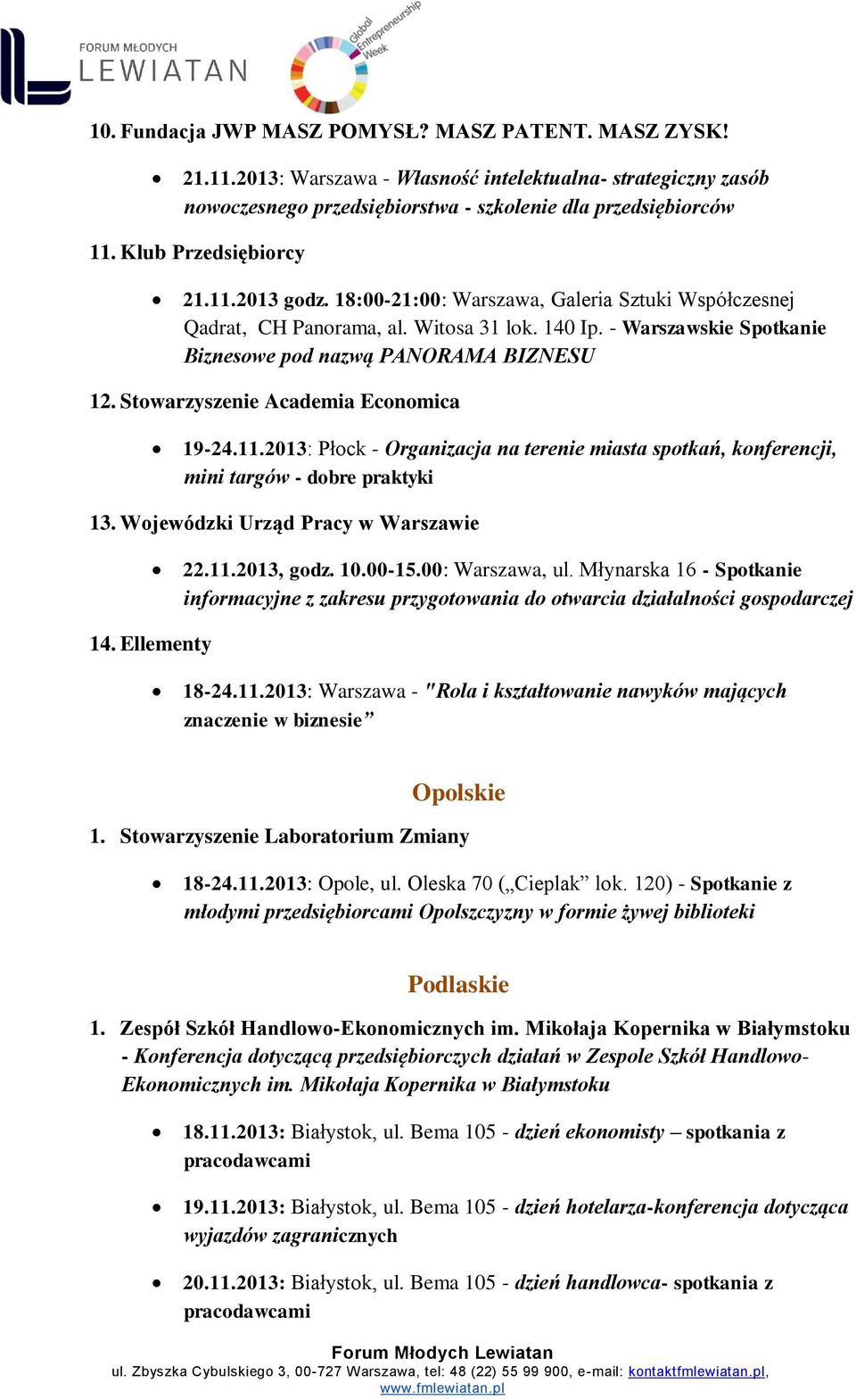 Stowarzyszenie Academia Economica 19-24.11.2013: Płock - Organizacja na terenie miasta spotkań, konferencji, mini targów - dobre praktyki 13. Wojewódzki Urząd Pracy w Warszawie 14. Ellementy 22.11.2013, godz.