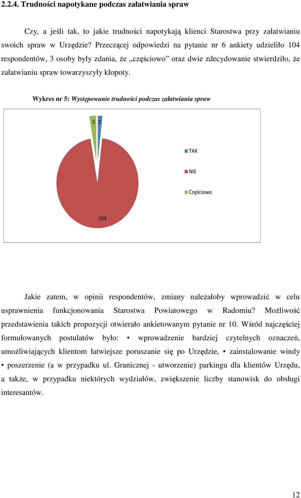 Wykres nr 5: Występowanie trudności podczas załatwiania spraw 3 2 TAK NIE Częściowo 104 Jakie zatem, w opinii respondentów, zmiany naleŝałoby wprowadzić w celu usprawnienia funkcjonowania Starostwa