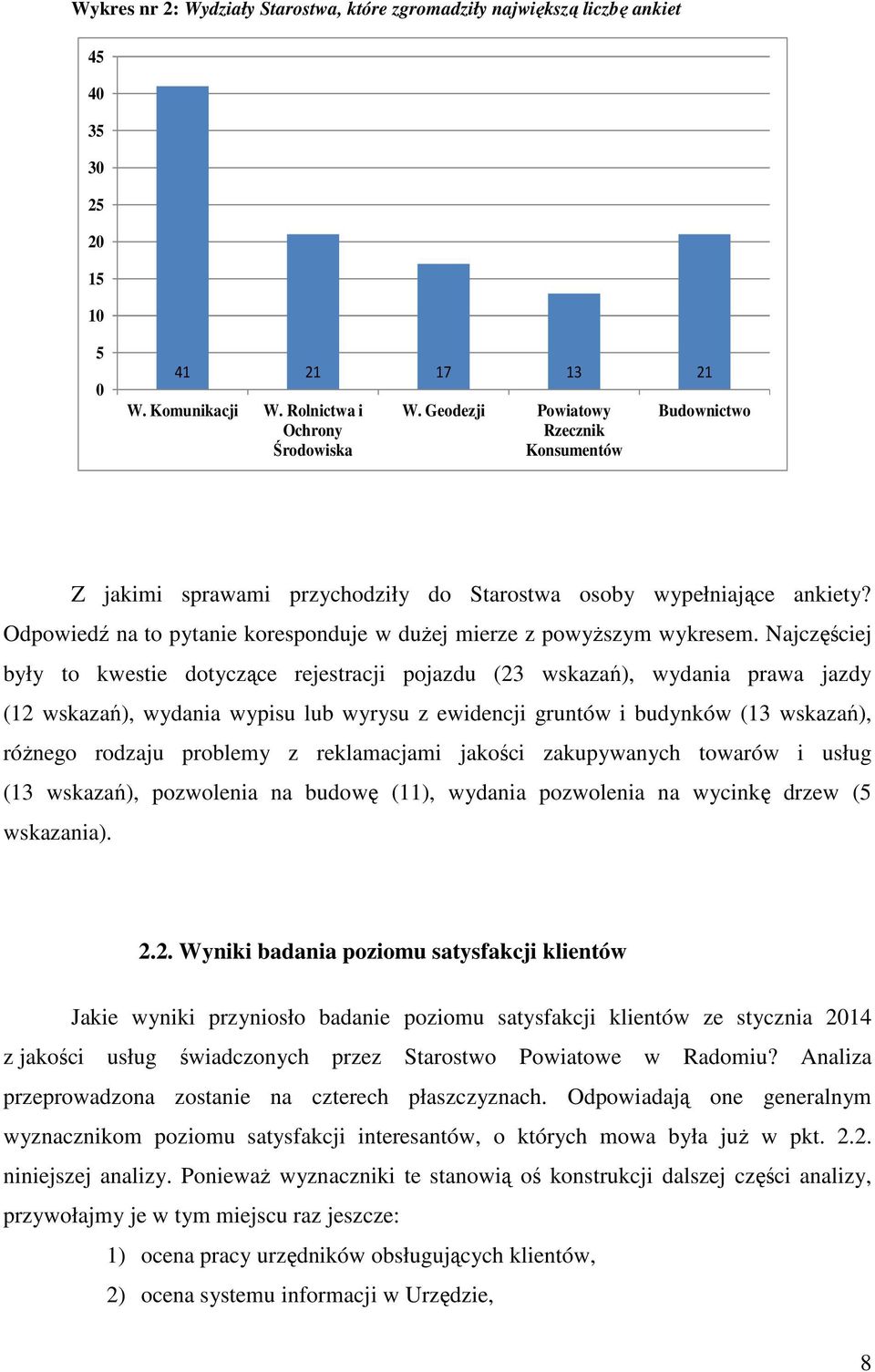 Najczęściej były to kwestie dotyczące rejestracji pojazdu (23 wskazań), wydania prawa jazdy (12 wskazań), wydania wypisu lub wyrysu z ewidencji gruntów i budynków (13 wskazań), róŝnego rodzaju