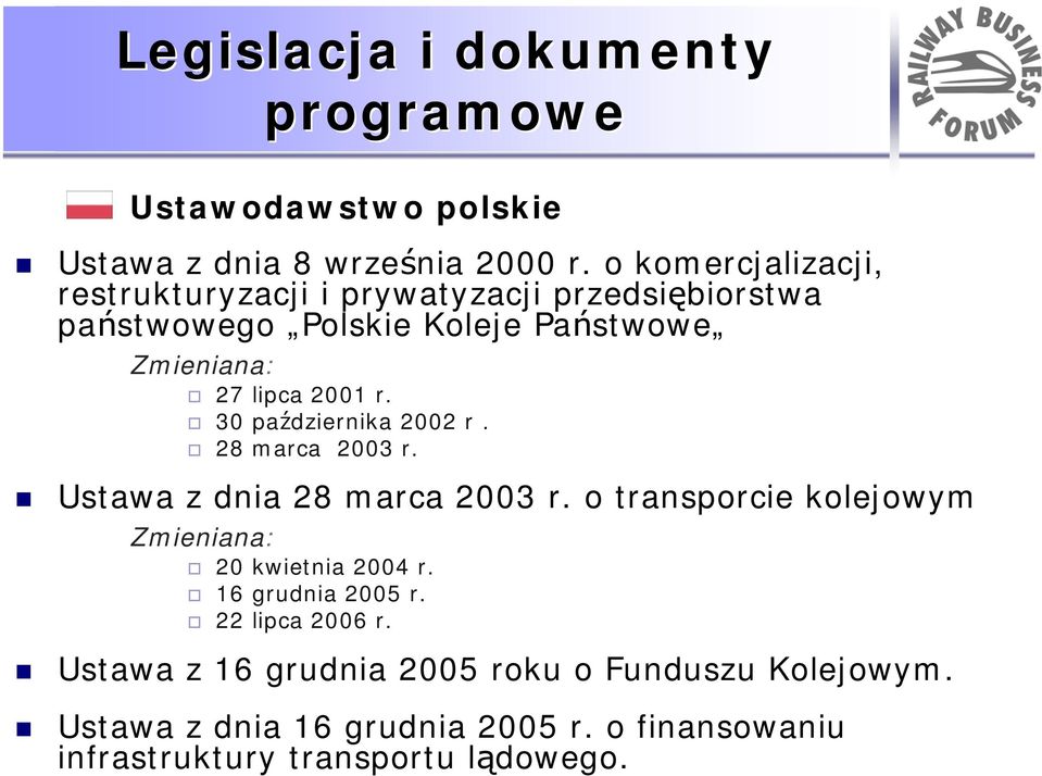 r. 30 października 2002 r. 28 marca 2003 r. Ustawa z dnia 28 marca 2003 r. o transporcie kolejowym Zmieniana: 20 kwietnia 2004 r.