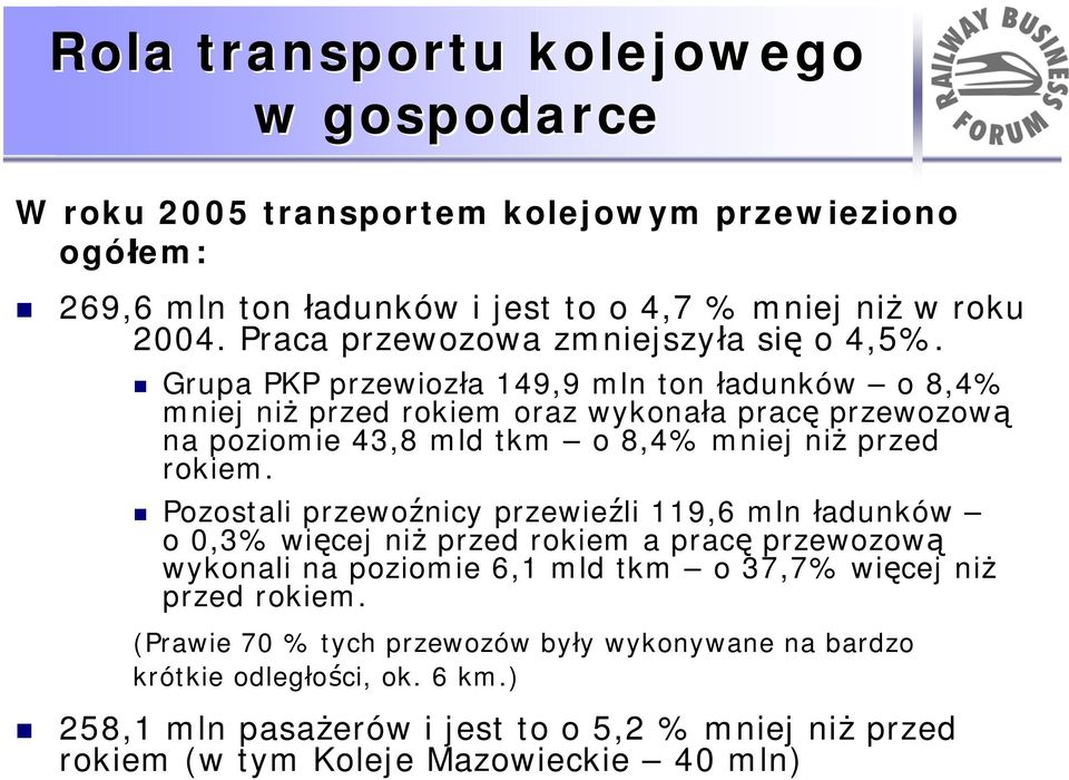 Grupa PKP przewiozła 149,9 mln ton ładunków o 8,4% mniej niż przed rokiem oraz wykonała pracę przewozową na poziomie 43,8 mld tkm o 8,4% mniej niż przed rokiem.