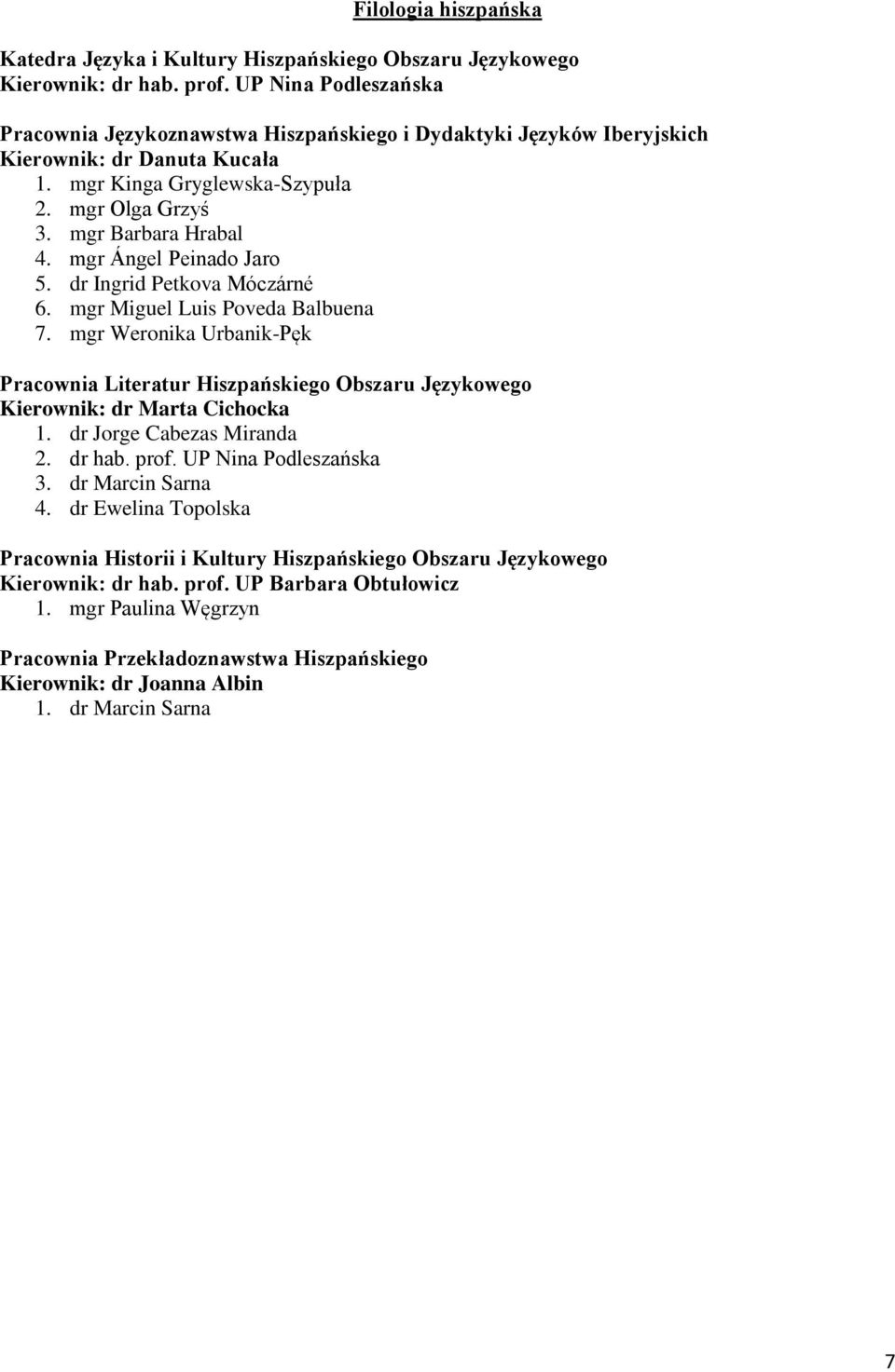 mgr Ángel Peinado Jaro 5. dr Ingrid Petkova Móczárné 6. mgr Miguel Luis Poveda Balbuena 7. mgr Weronika Urbanik-Pęk Pracownia Literatur Hiszpańskiego Obszaru Językowego Kierownik: dr Marta Cichocka 1.