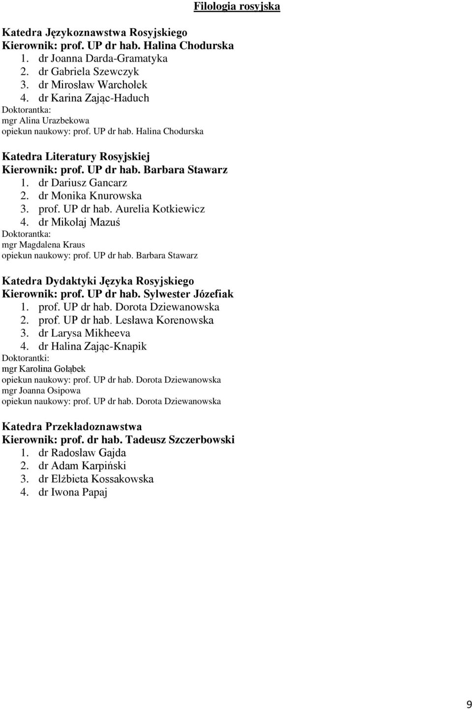 dr Monika Knurowska 3. prof. UP dr hab. Aurelia Kotkiewicz 4. dr Mikołaj Mazuś mgr Magdalena Kraus opiekun naukowy: prof. UP dr hab. Barbara Stawarz Katedra Dydaktyki Języka Rosyjskiego Kierownik: prof.