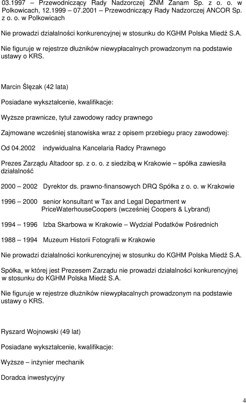 o. z siedzibą w Krakowie spółka zawiesiła działalność 2000 2002 Dyrektor ds. prawno-finansowych DRQ Spółka z o.