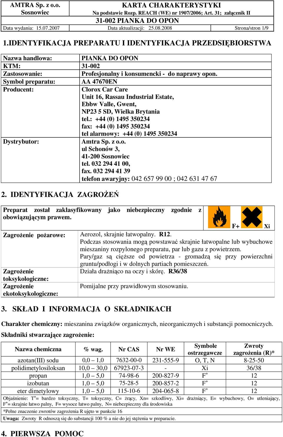 Symbol preparatu: AA 47670EN Producent: Clorox Car Care Unit 16, Rassau Industrial Estate, Ebbw Valle, Gwent, NP23 5 SD, Wielka Brytania tel.