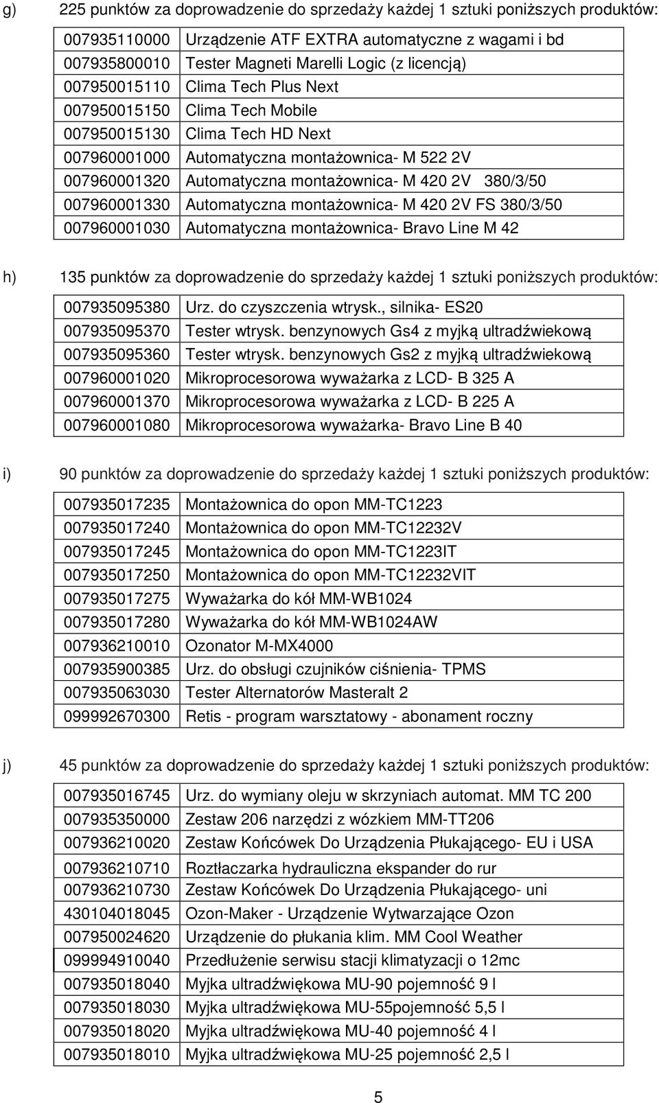 380/3/50 007960001330 Automatyczna montażownica- M 420 2V FS 380/3/50 007960001030 Automatyczna montażownica- Bravo Line M 42 h) 135 punktów za doprowadzenie do sprzedaży każdej 1 sztuki poniższych