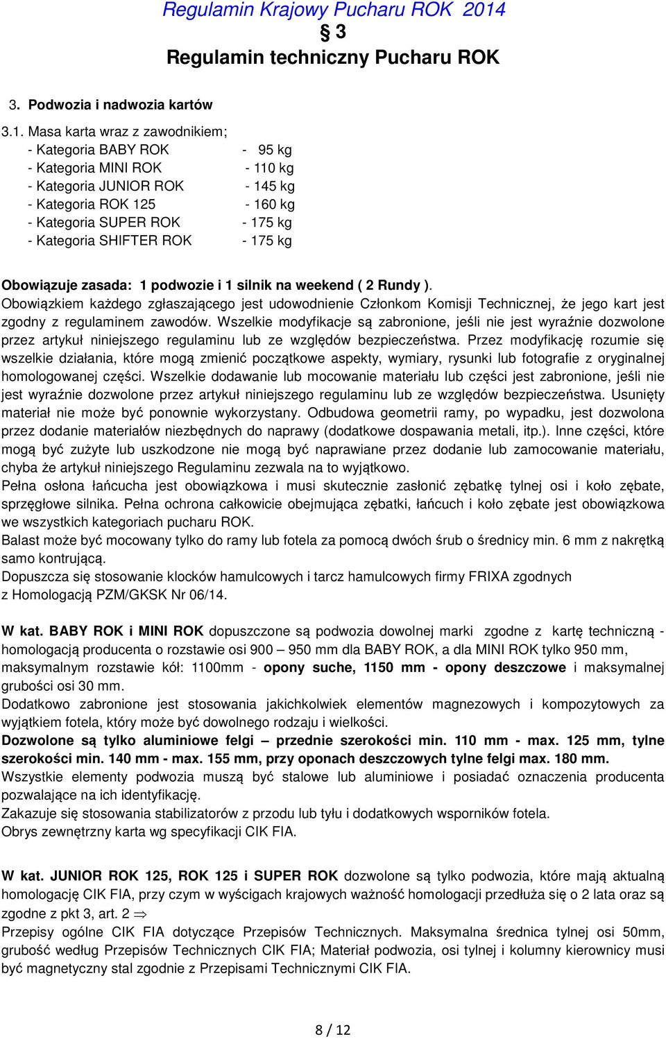 ROK - 175 kg Obowiązuje zasada: 1 podwozie i 1 silnik na weekend ( 2 Rundy ).