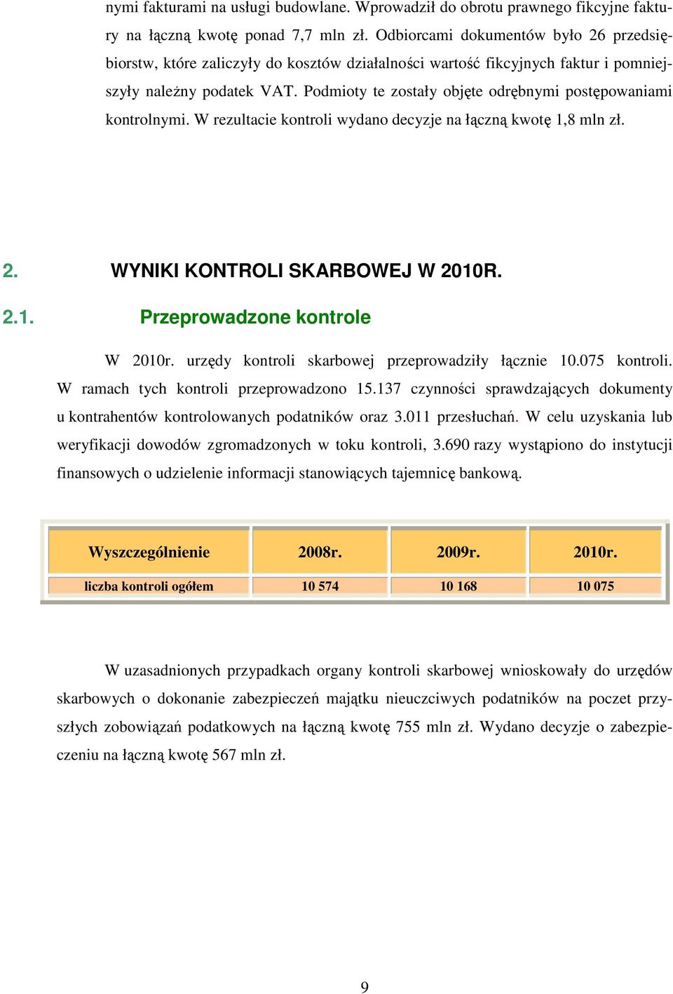 Podmioty te zostały objęte odrębnymi postępowaniami kontrolnymi. W rezultacie kontroli wydano decyzje na łączną kwotę 1,8 mln zł. 2. WYNIKI KONTROLI SKARBOWEJ W 2010R. 2.1. Przeprowadzone kontrole W 2010r.
