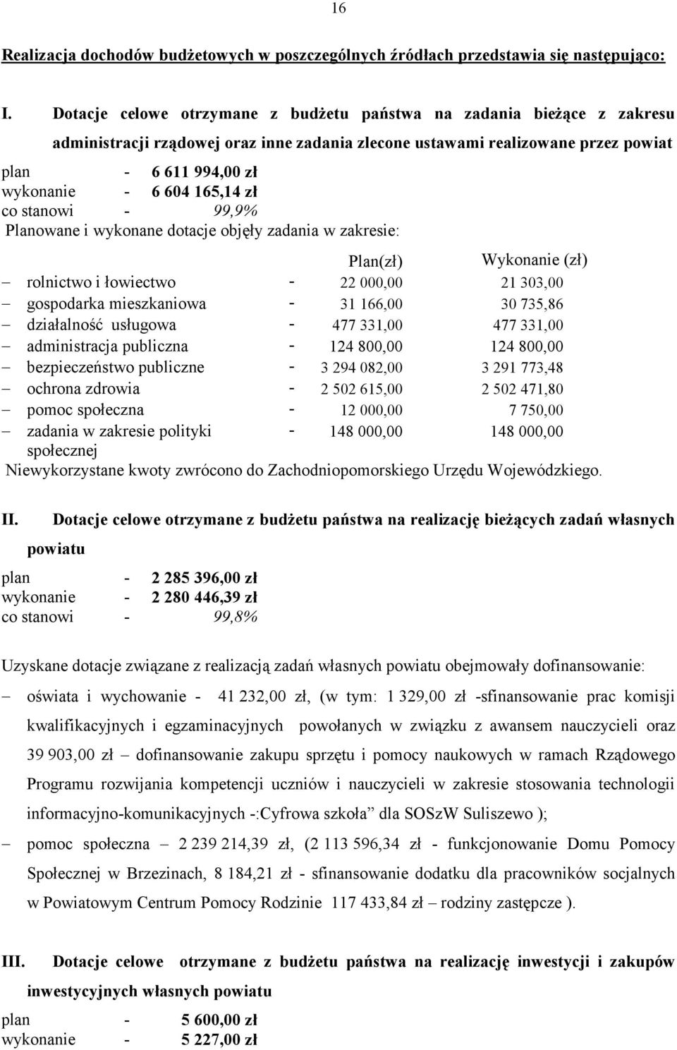 165,14 zł co stanowi - 99,9% Planowane i wykonane dotacje objęły zadania w zakresie: Plan(zł) Wykonanie (zł) rolnictwo i łowiectwo - 22 000,00 21 303,00 gospodarka mieszkaniowa - 31 166,00 30 735,86