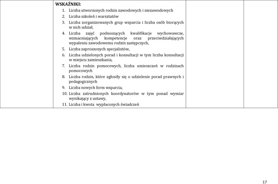 udzielonych porad i konsultacji w tym liczba konsultacji w miejscu zamieszkania, 7. rodzin pomocowych, liczba umieszczeń w rodzinach pomocowych 8.