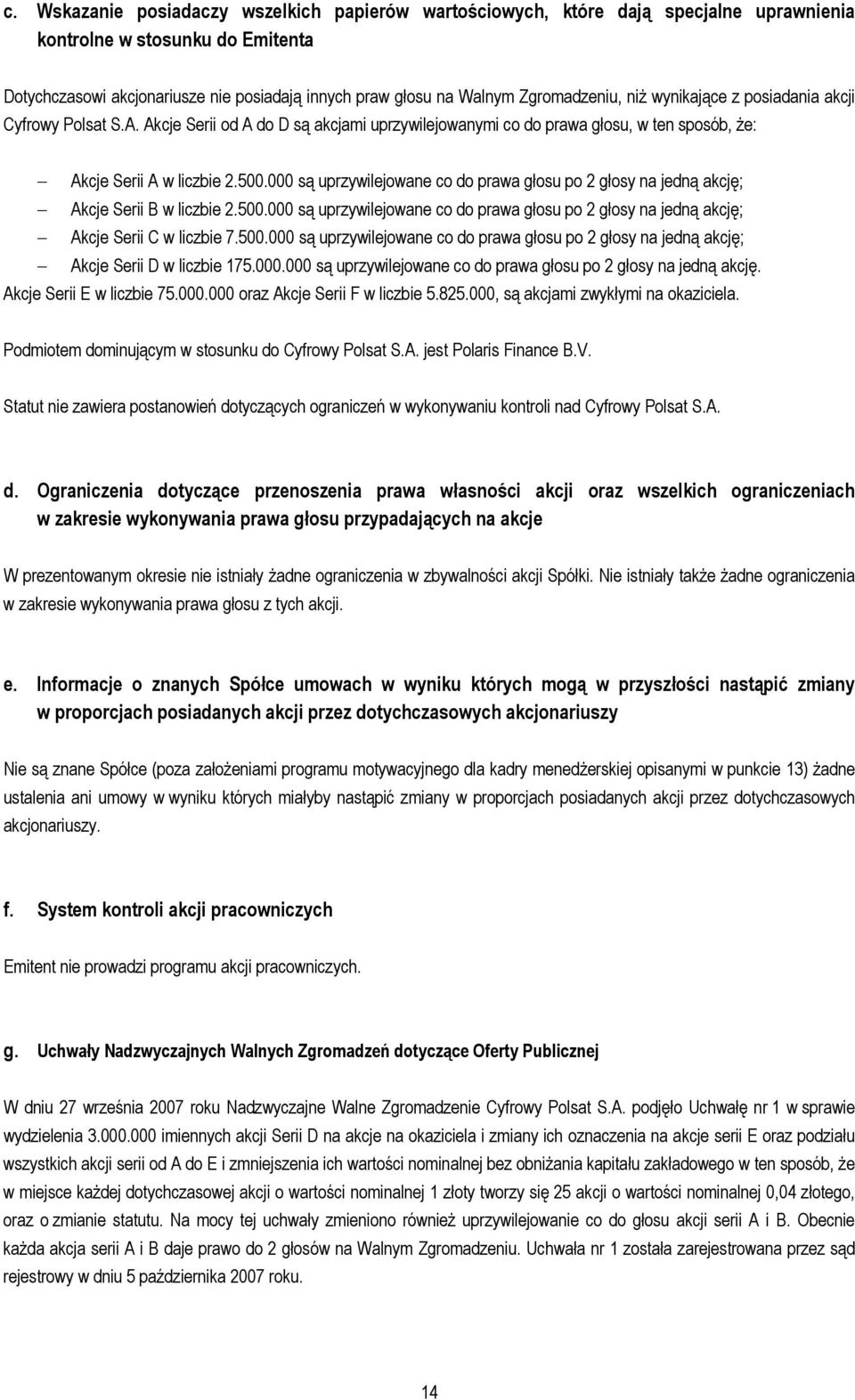 000 są uprzywilejowane co do prawa głosu po 2 głosy na jedną akcję; Akcje Serii B w liczbie 2.500.000 są uprzywilejowane co do prawa głosu po 2 głosy na jedną akcję; Akcje Serii C w liczbie 7.500.000 są uprzywilejowane co do prawa głosu po 2 głosy na jedną akcję; Akcje Serii D w liczbie 175.