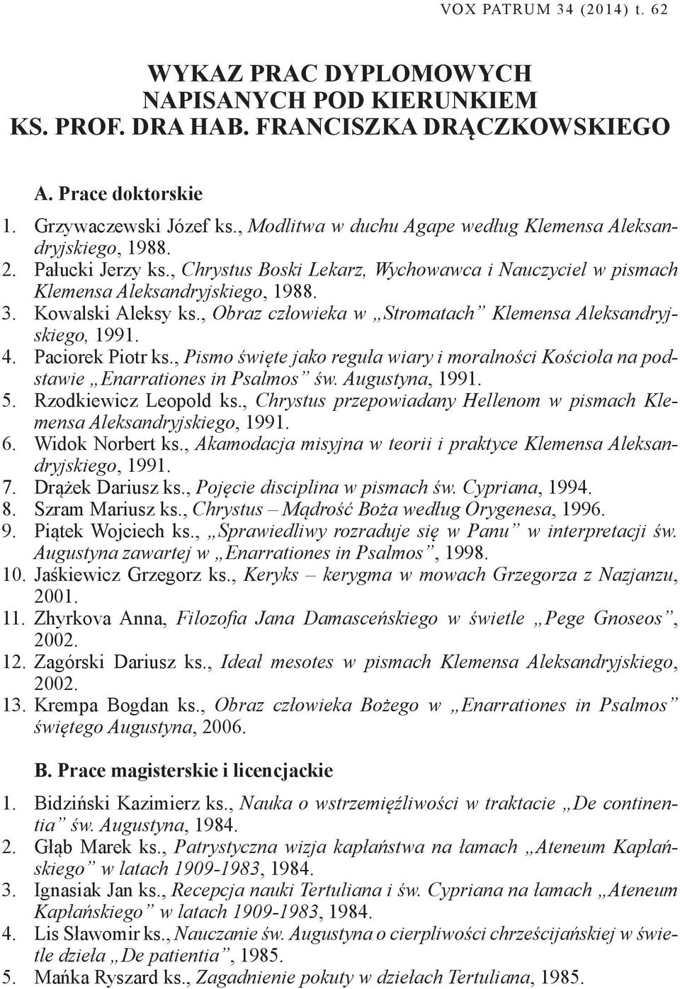 Kowalski Aleksy ks., Obraz człowieka w Stromatach Klemensa Aleksandryjskiego, 4. Paciorek Piotr ks., Pismo święte jako reguła wiary i moralności Kościoła na podstawie Enarrationes in Psalmos św.