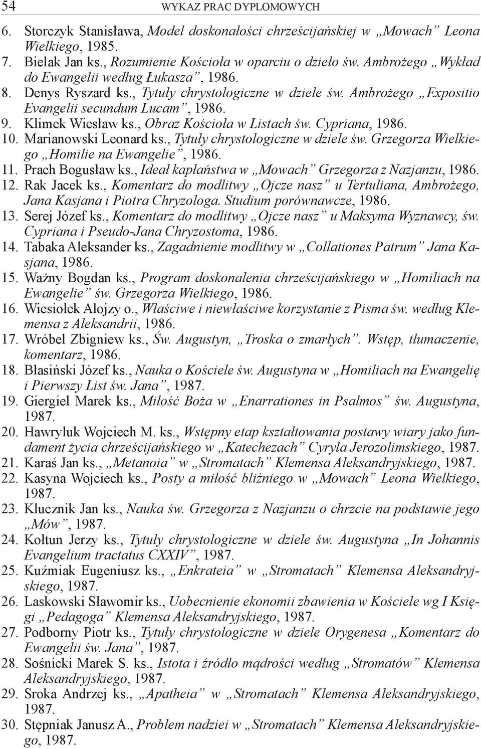 , Obraz Kościoła w Listach św. Cypriana, 1986. 10. Marianowski Leonard ks., Tytuły chrystologiczne w dziele św. Grzegorza Wielkiego Homilie na Ewangelie, 1986. 11. Prach Bogusław ks.