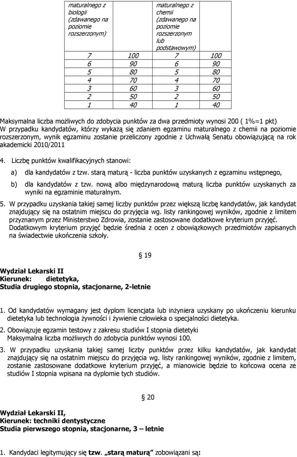 obowiązującą na rok akademicki 2010/2011 4. Liczbę punktów kwalifikacyjnych stanowi: a) dla kandydatów z tzw. starą maturą - liczba punktów uzyskanych z egzaminu wstępnego, b) dla kandydatów z tzw.