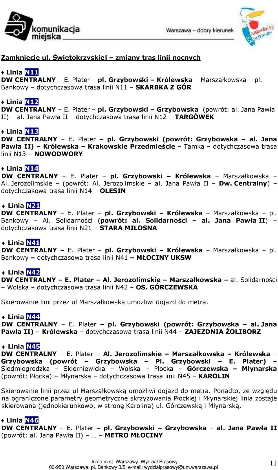 Jana Pawła II dotychczasowa trasa linii N12 TARGÓWEK Linia N13 DW CENTRALNY E. Plater pl. Grzybowski (powrót: Grzybowska al.
