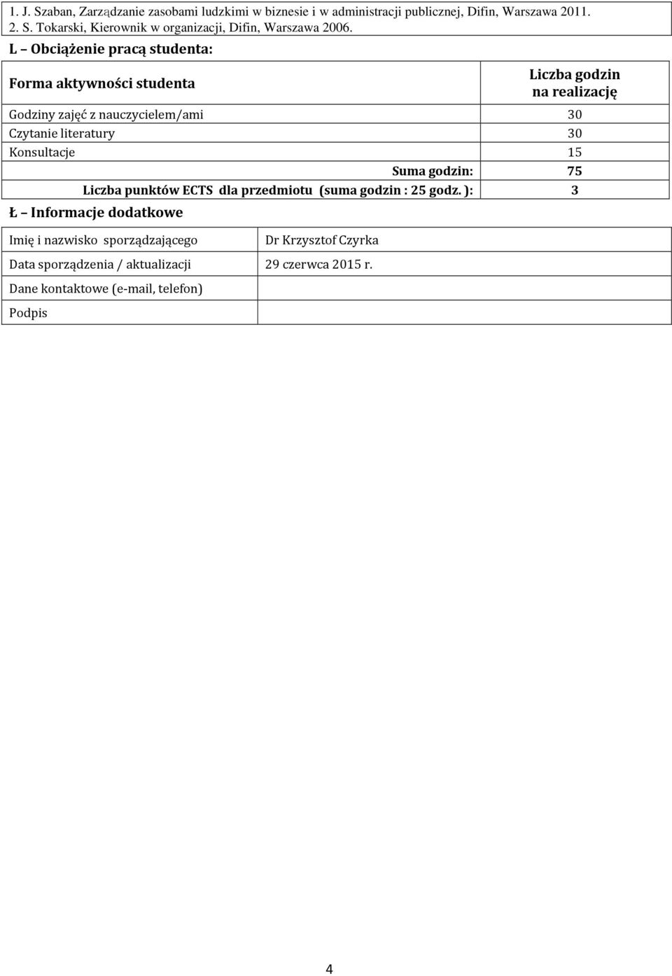 15 Suma godzin: 75 Liczba punktów ECTS dla przedmiotu (suma godzin : 25 godz.