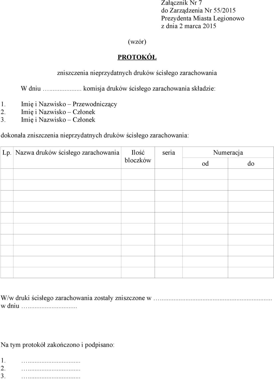 Imię i Nazwisko Członek dokonała zniszczenia nieprzydatnych druków ścisłego zarachowania: Lp.