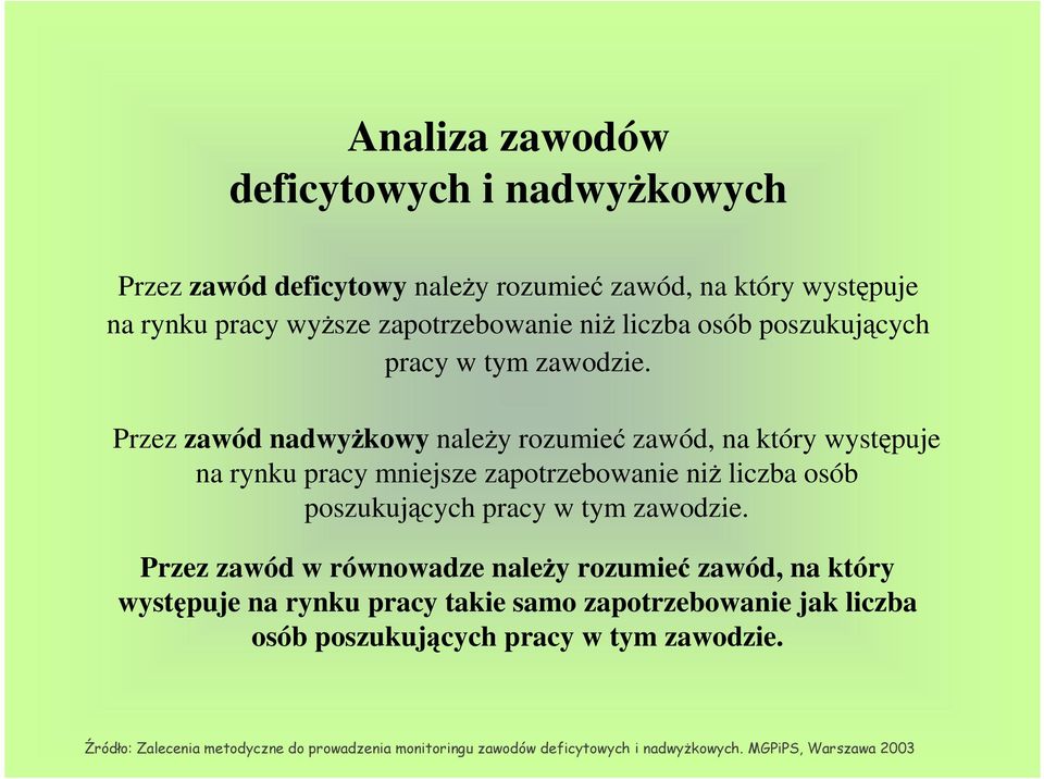Przez zawód nadwyŝkowy naleŝy rozumieć zawód, na który występuje na rynku pracy mniejsze zapotrzebowanie niŝ liczba  Przez zawód w równowadze naleŝy rozumieć