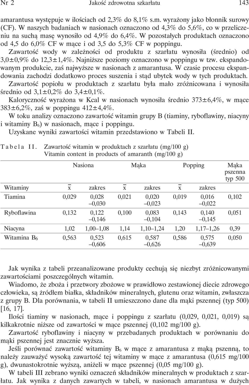 W pozostałych produktach oznaczono od 4,5 do 6,0% CF w mące i od 3,5 do 5,3% CF w poppingu. Zawartość wody w zależności od produktu z szarłatu wynosiła (średnio) od 3,0±0,9% do 12,3±1,4%.