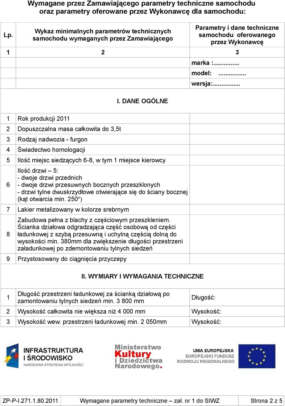 .. Rok produkcji 20 2 Dopuszczalna masa całkowita do,5t Rodzaj nadwozia - furgon 4 Świadectwo homologacji 5 Ilość miejsc siedzących 6-8, w tym miejsce kierowcy 6 Ilość drzwi 5: - dwoje drzwi