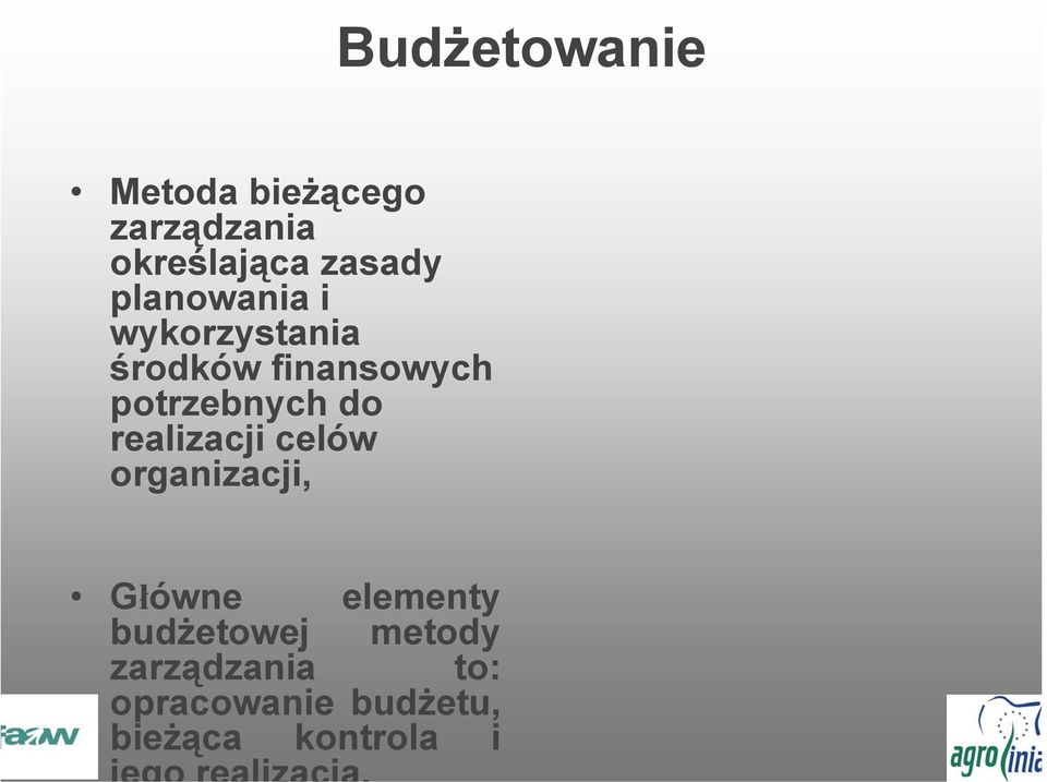 do realizacji celów organizacji, Główne elementy budżetowej