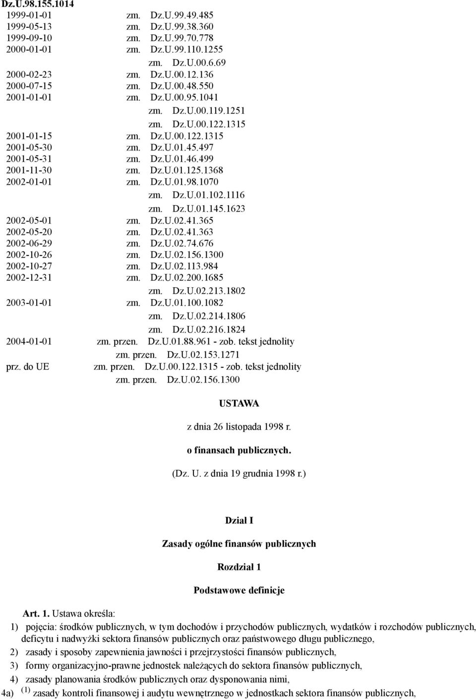 Dz.U.01.98.1070 zm. Dz.U.01.102.1116 zm. Dz.U.01.145.1623 2002-05-01 zm. Dz.U.02.41.365 2002-05-20 zm. Dz.U.02.41.363 2002-06-29 zm. Dz.U.02.74.676 2002-10-26 zm. Dz.U.02.156.1300 2002-10-27 zm. Dz.U.02.113.