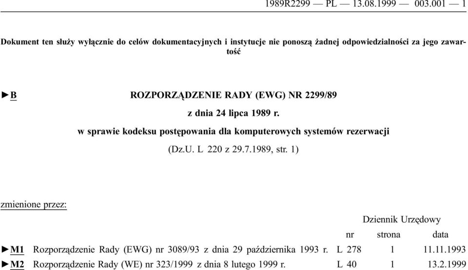 ROZPORZĄDZENIE RADY (EWG) NR 2299/89 z dnia 24 lipca 1989 r. w sprawie kodeksu postępowania dla komputerowych systemów rezerwacji (Dz.U.