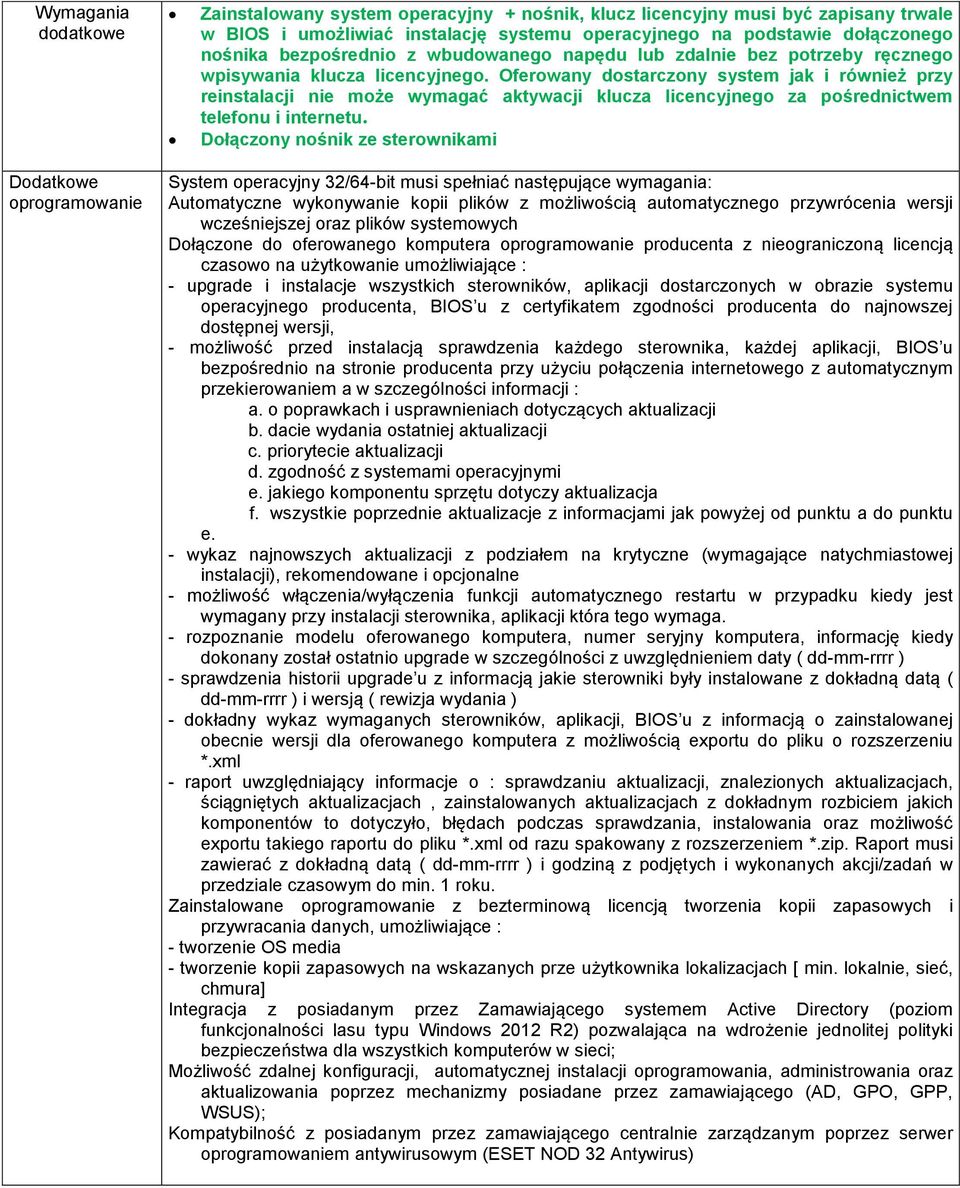 Oferowany dostarczony system jak i również przy reinstalacji nie może wymagać aktywacji klucza licencyjnego za pośrednictwem telefonu i internetu.