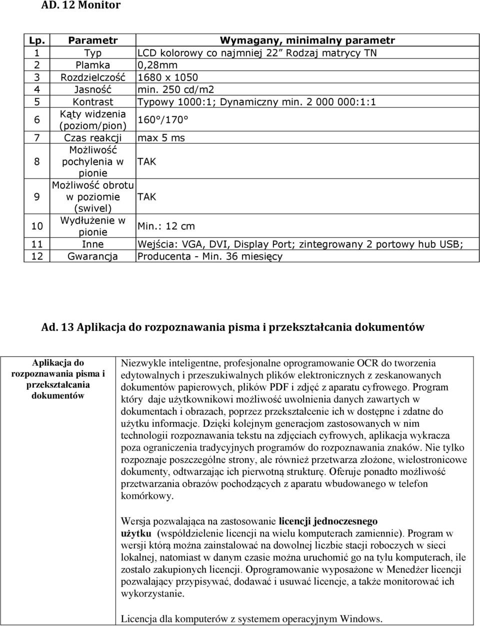 2 000 000:1:1 6 Kąty widzenia (poziom/pion) 160 /170 7 Czas reakcji max 5 ms 8 Możliwość pochylenia w TAK pionie 9 Możliwość obrotu w poziomie TAK (swivel) 10 Wydłużenie w pionie Min.